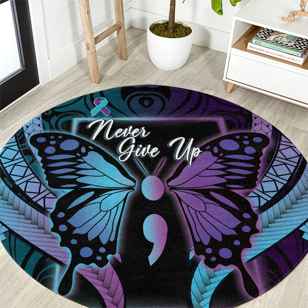 Polynesia Suicide Prevention Month Round Carpet Semicolon Butterfly Never Give Up Polynesian Pattern