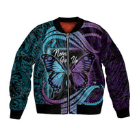 Personalised Polynesia Suicide Prevention Month Sleeve Zip Bomber Jacket Semicolon Butterfly Never Give Up Polynesian Pattern LT22 Unisex Teal - Polynesian Pride