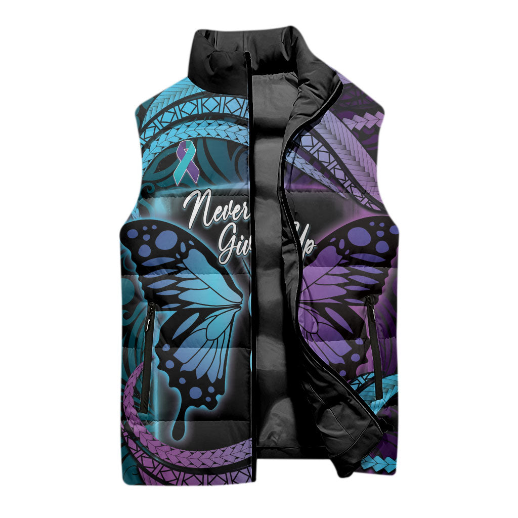 Personalised Polynesia Suicide Prevention Month Sleeveless Puffer Jacket Semicolon Butterfly Never Give Up Polynesian Pattern LT22 - Polynesian Pride