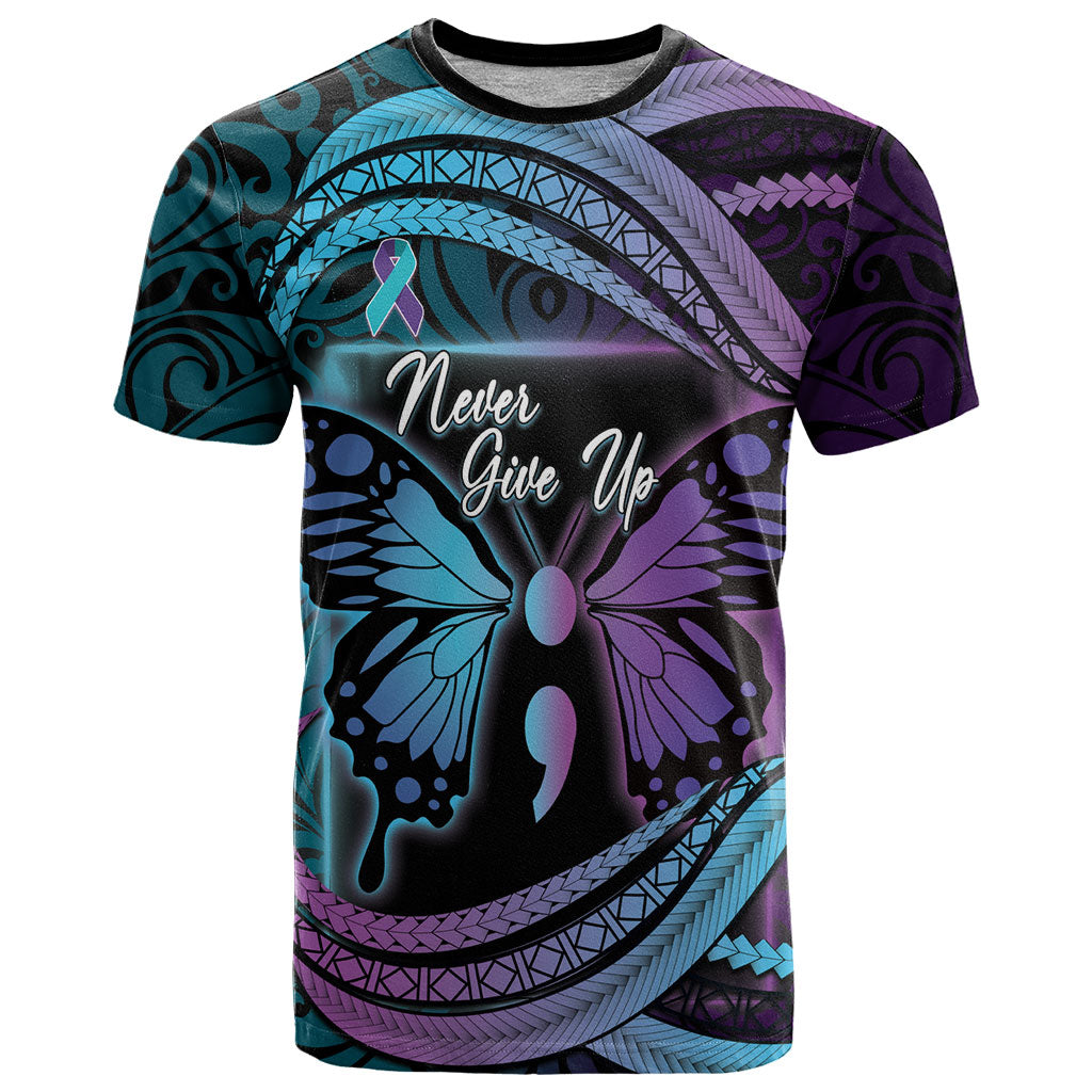 Personalised Polynesia Suicide Prevention Month T Shirt Semicolon Butterfly Never Give Up Polynesian Pattern LT22 Teal - Polynesian Pride