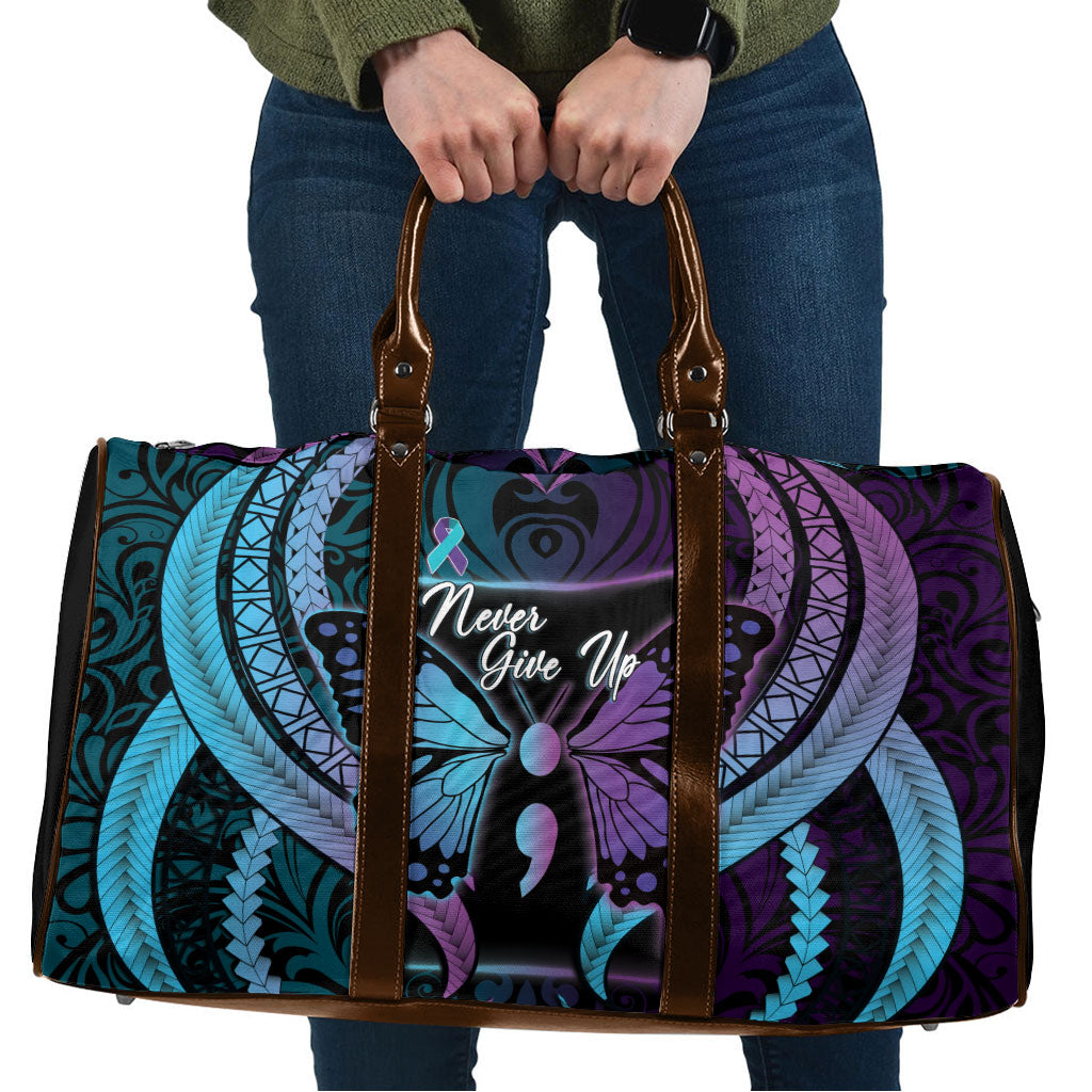 Polynesia Suicide Prevention Month Travel Bag Semicolon Butterfly Never Give Up Polynesian Pattern