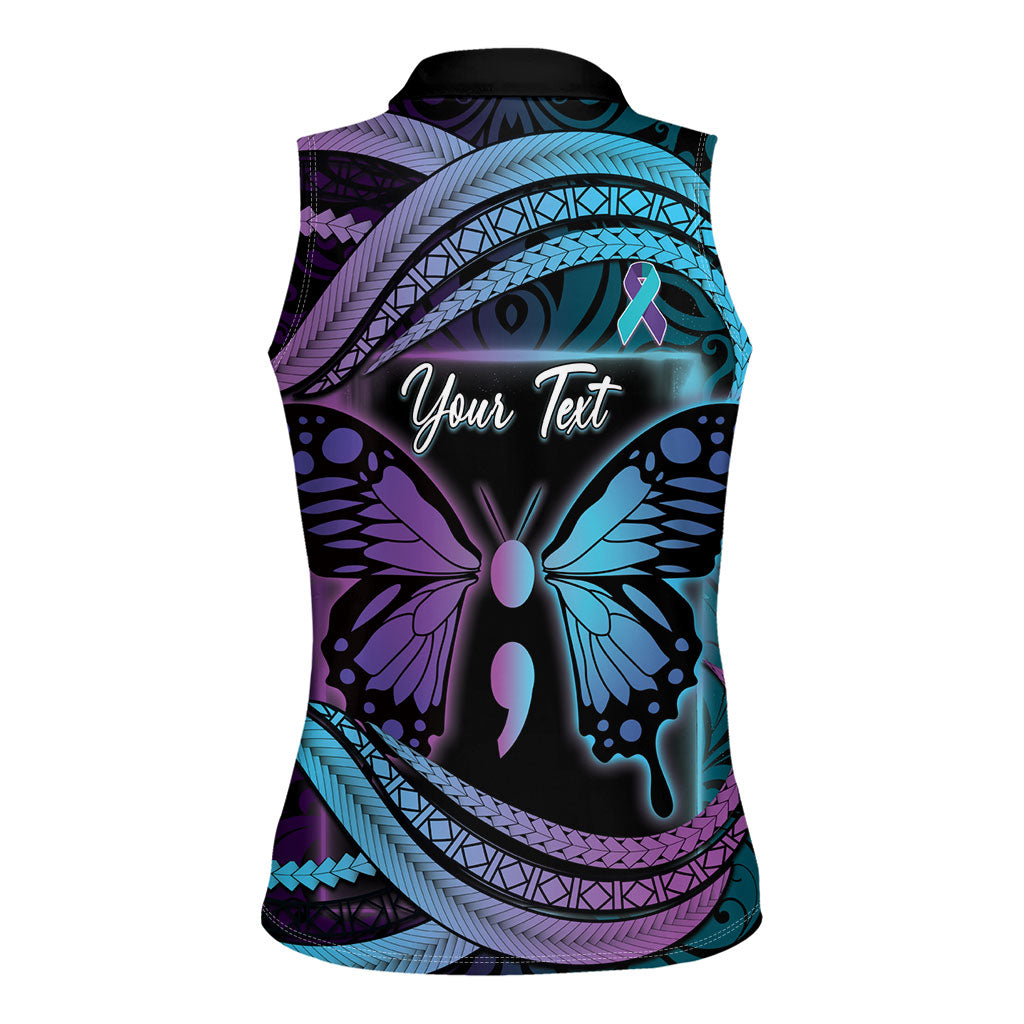 Personalised Polynesia Suicide Prevention Month Women Sleeveless Polo Shirt Semicolon Butterfly Never Give Up Polynesian Pattern LT22 - Polynesian Pride
