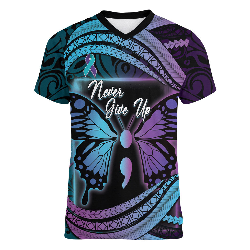 Personalised Polynesia Suicide Prevention Month Women V-Neck T-Shirt Semicolon Butterfly Never Give Up Polynesian Pattern