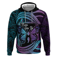 Personalised Polynesia Suicide Prevention Month Zip Hoodie Semicolon Butterfly Never Give Up Polynesian Pattern LT22 Pullover Hoodie Teal - Polynesian Pride