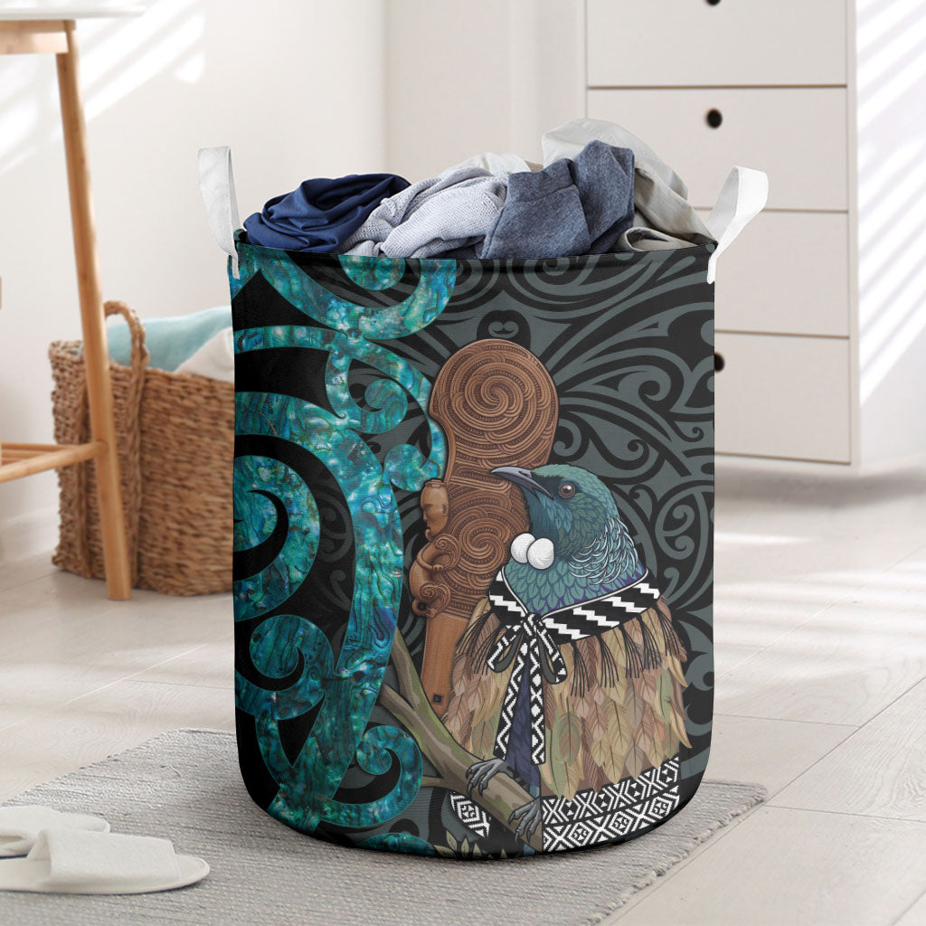 New Zealand Tui Bird Wahaika Laundry Basket Maori Weapon Paua Shell Koru Pattern