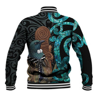 New Zealand Tui Bird Wahaika Baseball Jacket Maori Weapon Paua Shell Koru Pattern