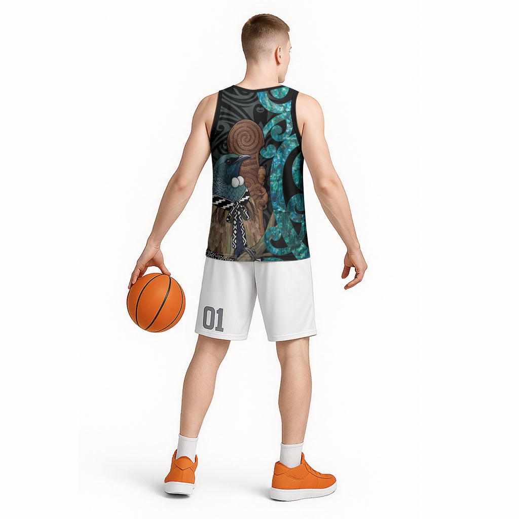 New Zealand Tui Bird Wahaika Basketball Jersey Maori Weapon Paua Shell Koru Pattern