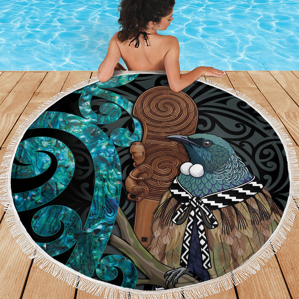 New Zealand Tui Bird Wahaika Beach Blanket Maori Weapon Paua Shell Koru Pattern