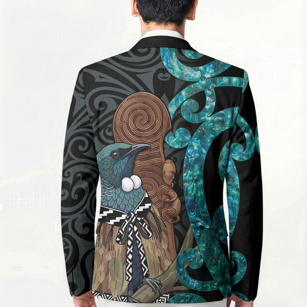 New Zealand Tui Bird Wahaika Blazer Maori Weapon Paua Shell Koru Pattern