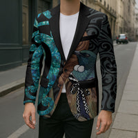 New Zealand Tui Bird Wahaika Blazer Maori Weapon Paua Shell Koru Pattern