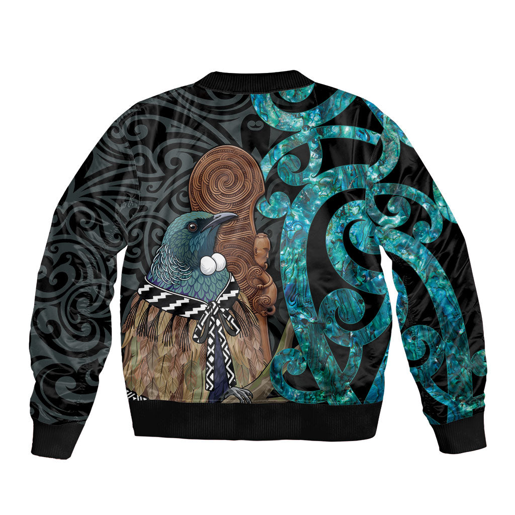 New Zealand Tui Bird Wahaika Bomber Jacket Maori Weapon Paua Shell Koru Pattern