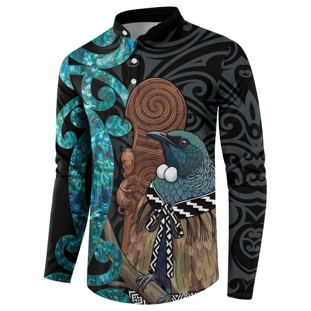 New Zealand Tui Bird Wahaika Button Sweatshirt Maori Weapon Paua Shell Koru Pattern