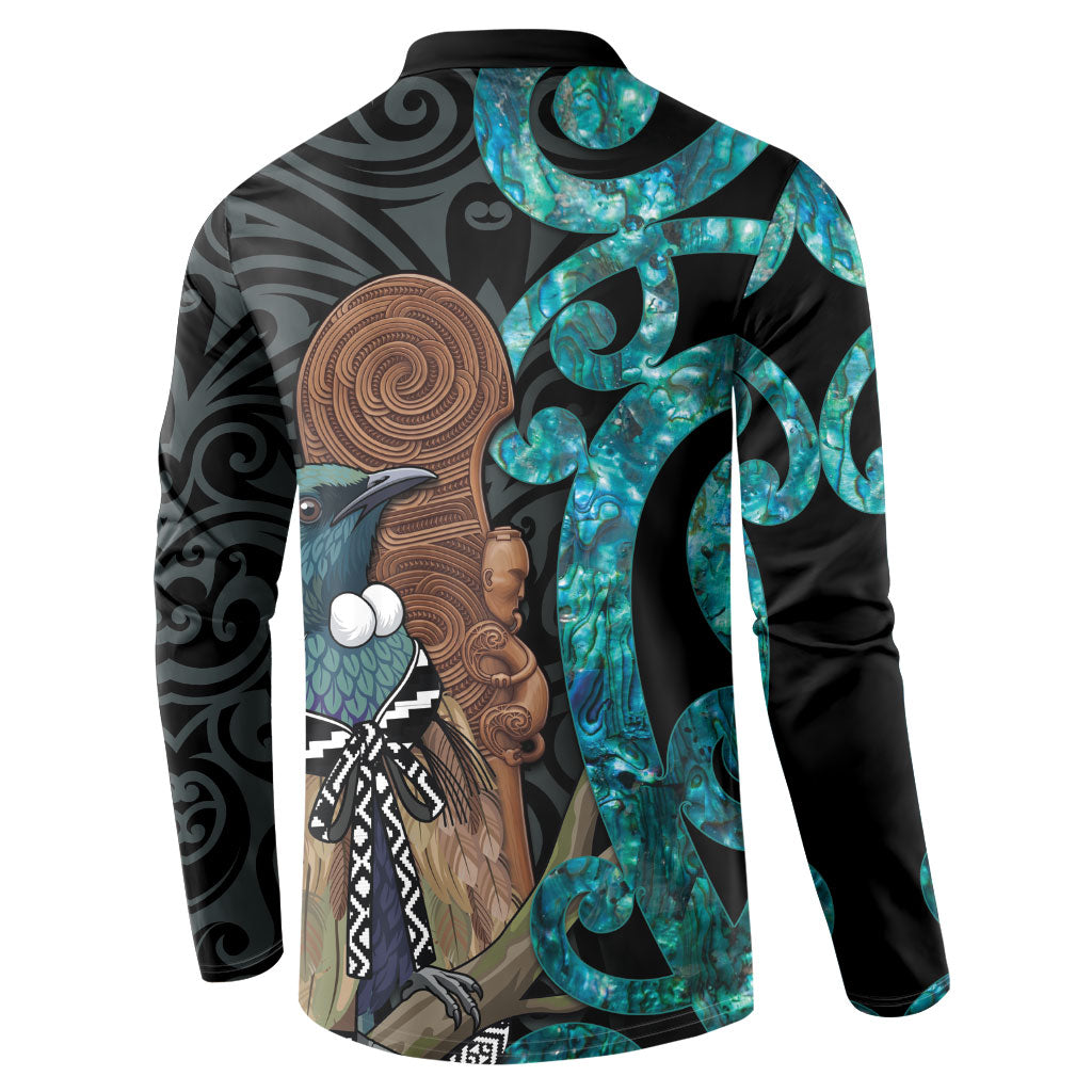 New Zealand Tui Bird Wahaika Button Sweatshirt Maori Weapon Paua Shell Koru Pattern