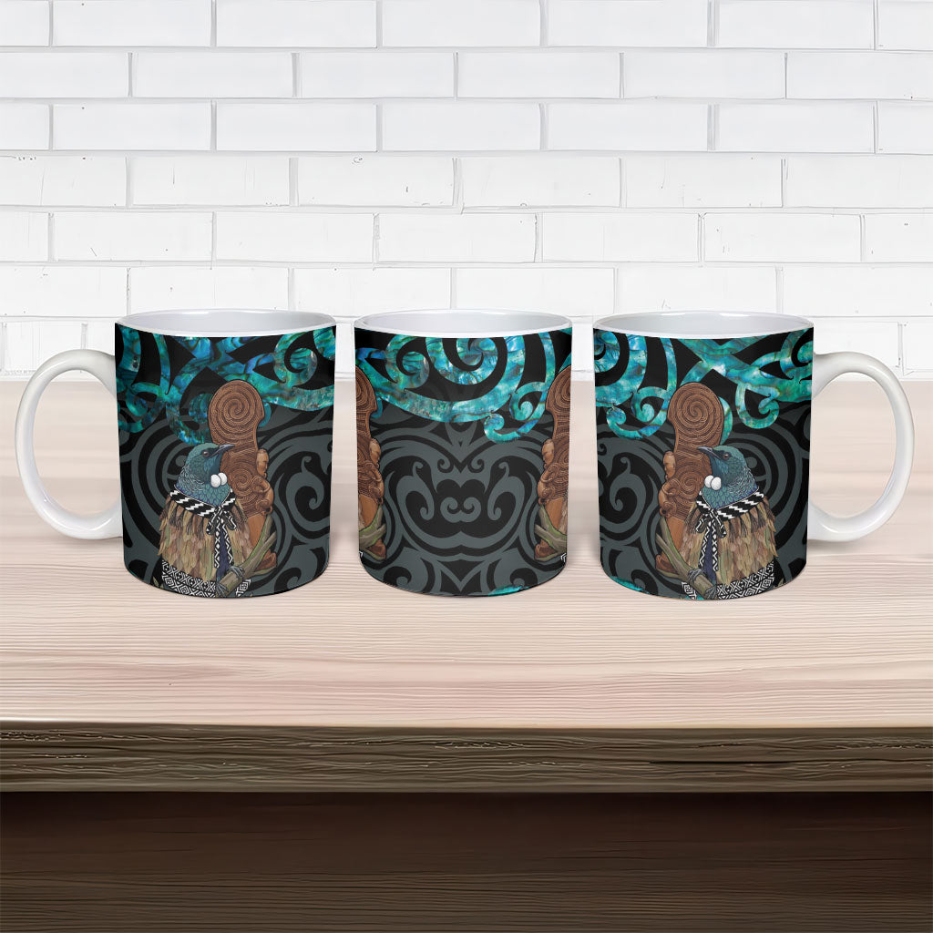 New Zealand Tui Bird Wahaika Ceramic Mug Maori Weapon Paua Shell Koru Pattern
