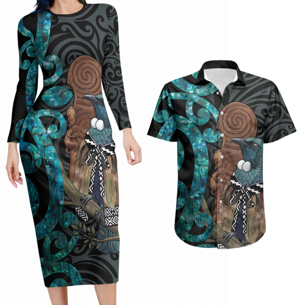 New Zealand Tui Bird Wahaika Couples Matching Long Sleeve Bodycon Dress and Hawaiian Shirt Maori Weapon Paua Shell Koru Pattern LT22 Black - Polynesian Pride