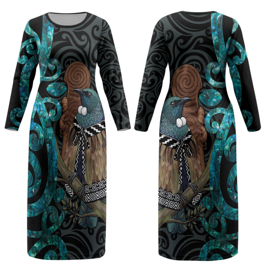 New Zealand Tui Bird Wahaika Couples Matching Long Sleeve Bodycon Dress and Long Sleeve Button Shirt Maori Weapon Paua Shell Koru Pattern