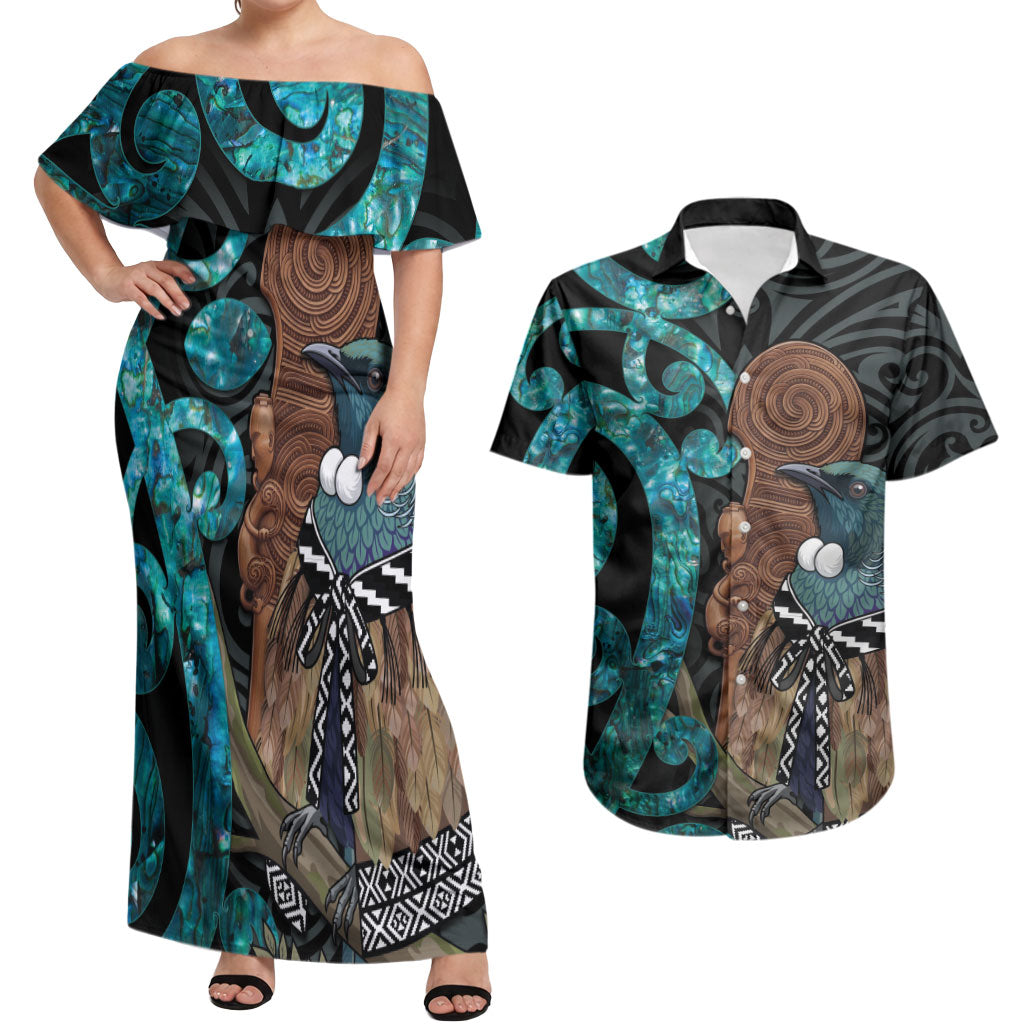 New Zealand Tui Bird Wahaika Couples Matching Off Shoulder Maxi Dress and Hawaiian Shirt Maori Weapon Paua Shell Koru Pattern LT22 Black - Polynesian Pride