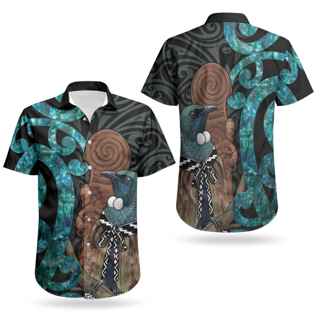 New Zealand Tui Bird Wahaika Couples Matching Off Shoulder Maxi Dress and Hawaiian Shirt Maori Weapon Paua Shell Koru Pattern