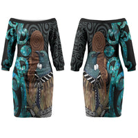 New Zealand Tui Bird Wahaika Couples Matching Off The Shoulder Long Sleeve Dress and Long Sleeve Button Shirt Maori Weapon Paua Shell Koru Pattern