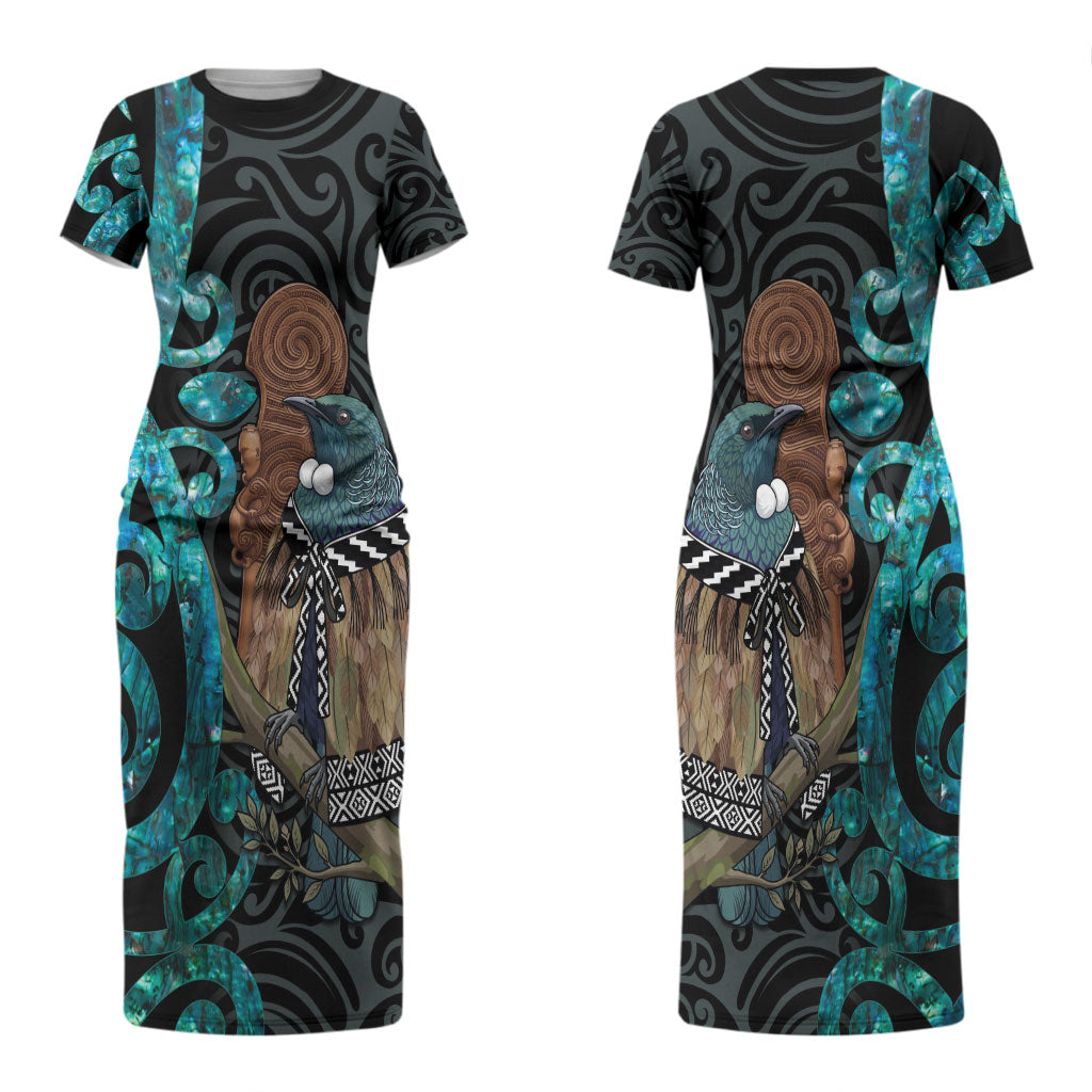 New Zealand Tui Bird Wahaika Couples Matching Short Sleeve Bodycon Dress and Hawaiian Shirt Maori Weapon Paua Shell Koru Pattern