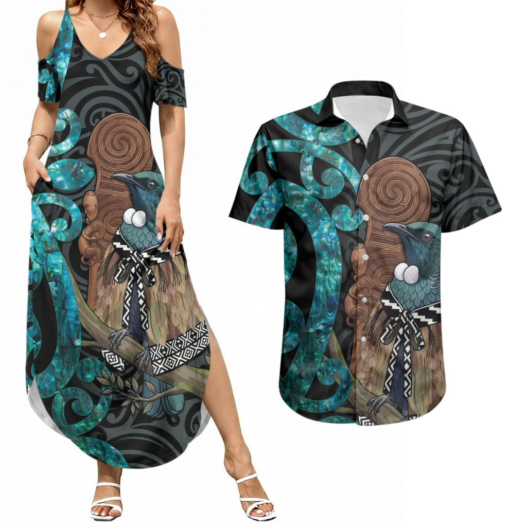New Zealand Tui Bird Wahaika Couples Matching Summer Maxi Dress and Hawaiian Shirt Maori Weapon Paua Shell Koru Pattern