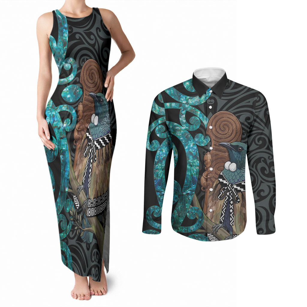 New Zealand Tui Bird Wahaika Couples Matching Tank Maxi Dress and Long Sleeve Button Shirt Maori Weapon Paua Shell Koru Pattern