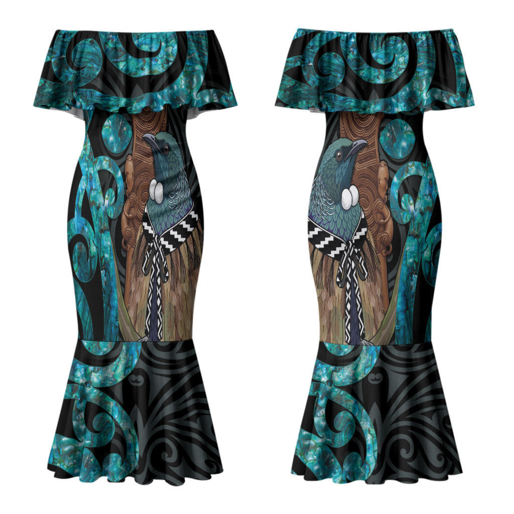 New Zealand Tui Bird Wahaika Family Matching Mermaid Dress and Hawaiian Shirt Maori Weapon Paua Shell Koru Pattern