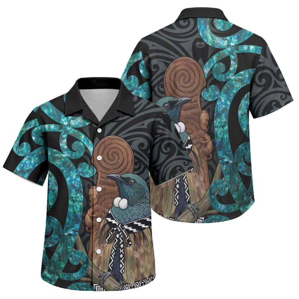 New Zealand Tui Bird Wahaika Family Matching Off The Shoulder Long Sleeve Dress and Hawaiian Shirt Maori Weapon Paua Shell Koru Pattern