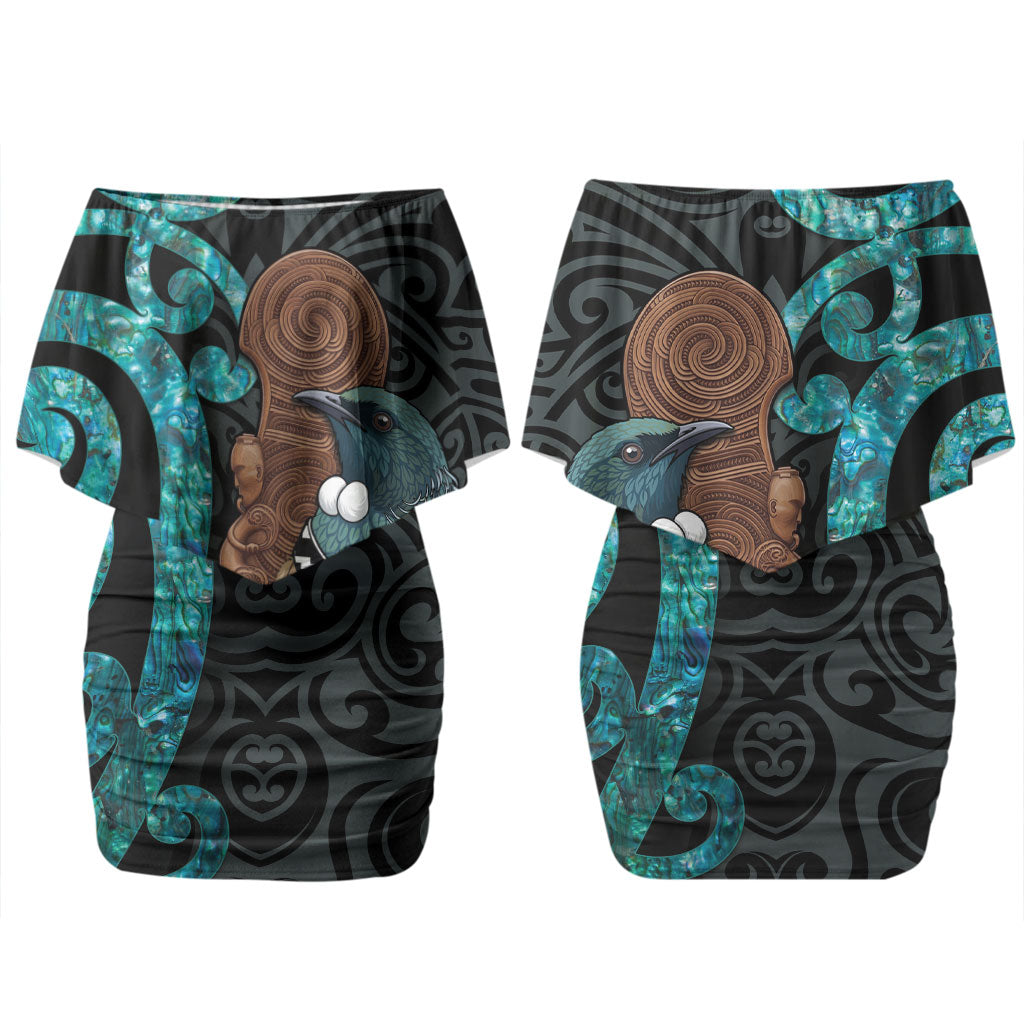 New Zealand Tui Bird Wahaika Family Matching Off Shoulder Short Dress and Hawaiian Shirt Maori Weapon Paua Shell Koru Pattern