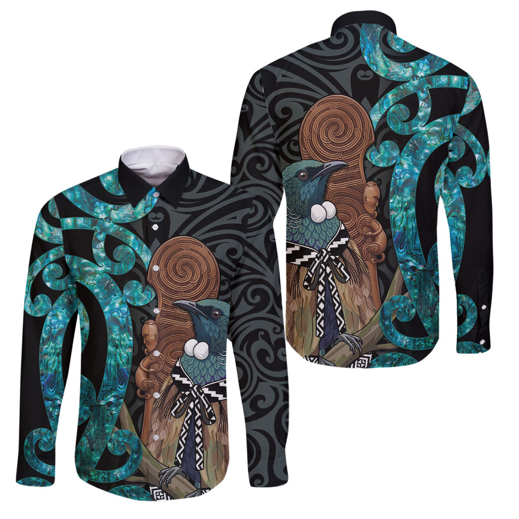 New Zealand Tui Bird Wahaika Family Matching Off Shoulder Short Dress and Hawaiian Shirt Maori Weapon Paua Shell Koru Pattern