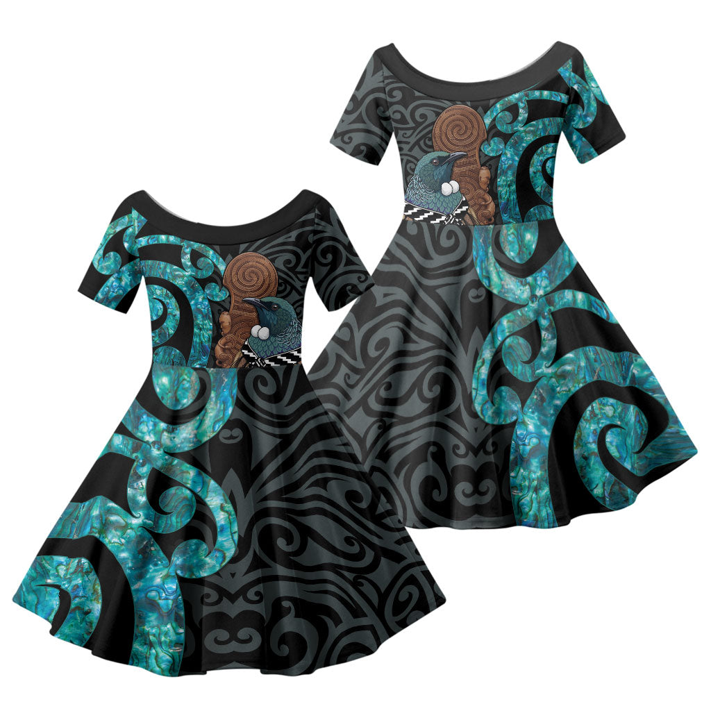 New Zealand Tui Bird Wahaika Family Matching Short Sleeve Bodycon Dress and Hawaiian Shirt Maori Weapon Paua Shell Koru Pattern