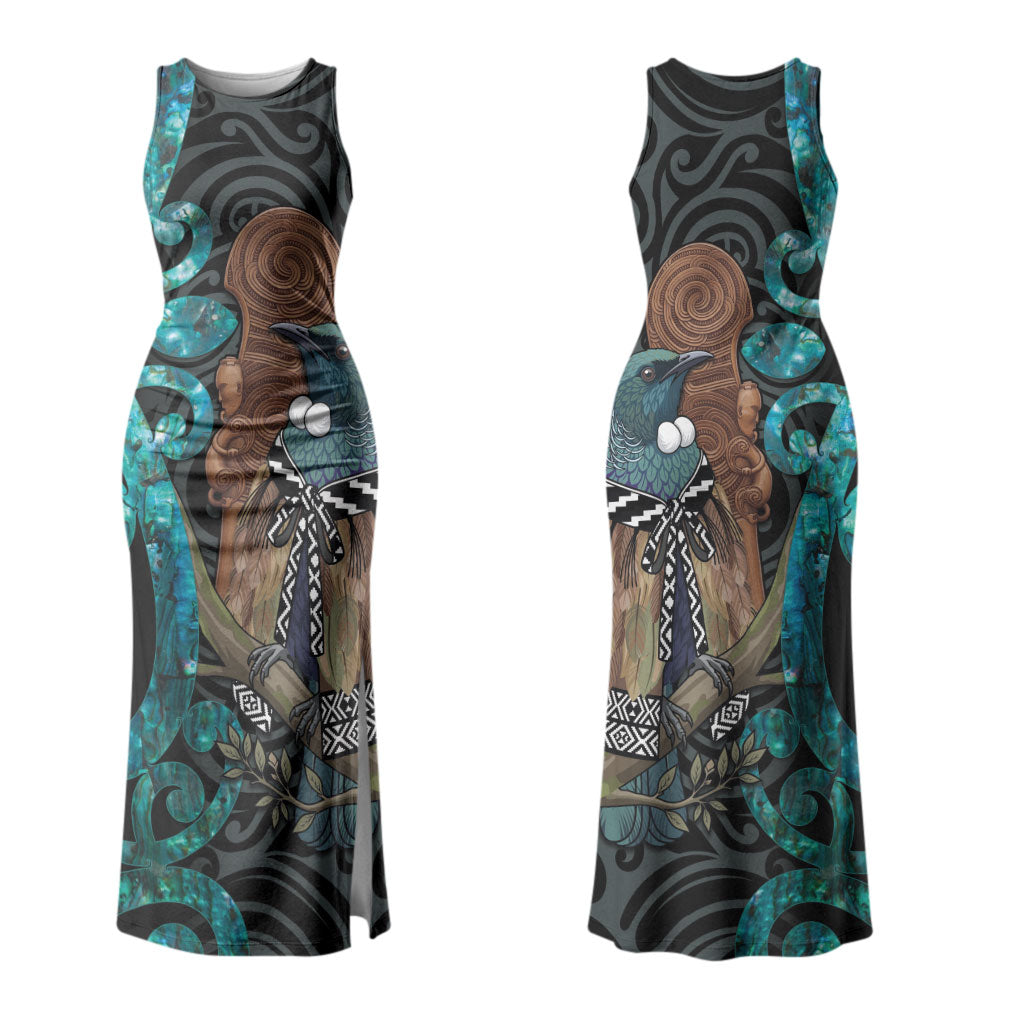 New Zealand Tui Bird Wahaika Family Matching Tank Maxi Dress and Hawaiian Shirt Maori Weapon Paua Shell Koru Pattern