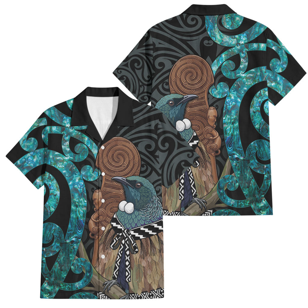 New Zealand Tui Bird Wahaika Family Matching Tank Maxi Dress and Hawaiian Shirt Maori Weapon Paua Shell Koru Pattern