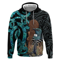 New Zealand Tui Bird Wahaika Hoodie Maori Weapon Paua Shell Koru Pattern