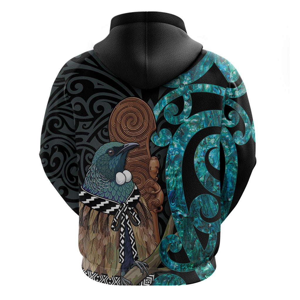 New Zealand Tui Bird Wahaika Hoodie Maori Weapon Paua Shell Koru Pattern