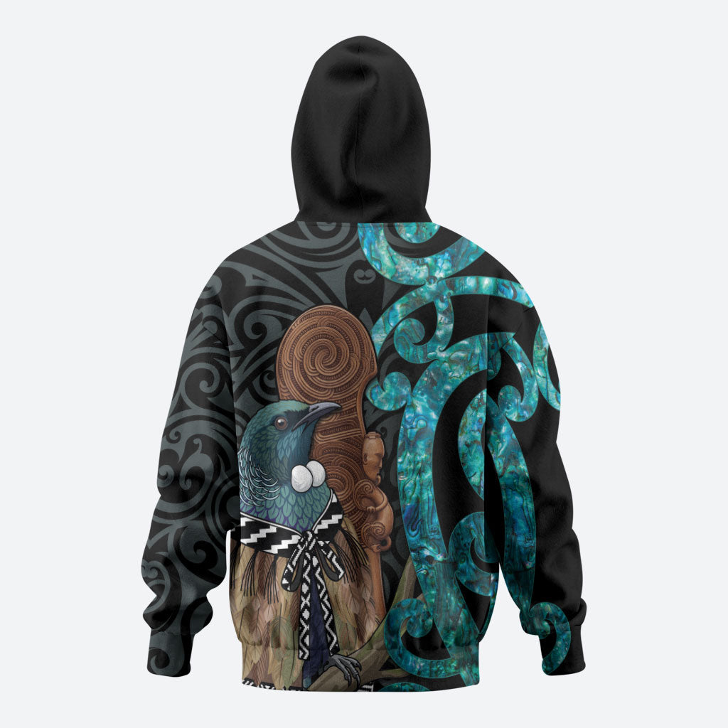 New Zealand Tui Bird Wahaika Hoodie Maori Weapon Paua Shell Koru Pattern