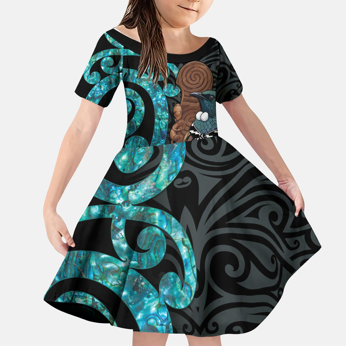 New Zealand Tui Bird Wahaika Kid Short Sleeve Dress Maori Weapon Paua Shell Koru Pattern
