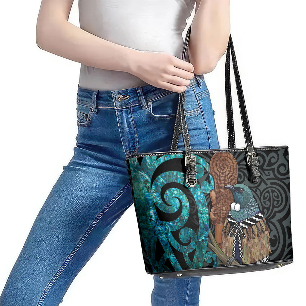 New Zealand Tui Bird Wahaika Leather Tote Bag Maori Weapon Paua Shell Koru Pattern