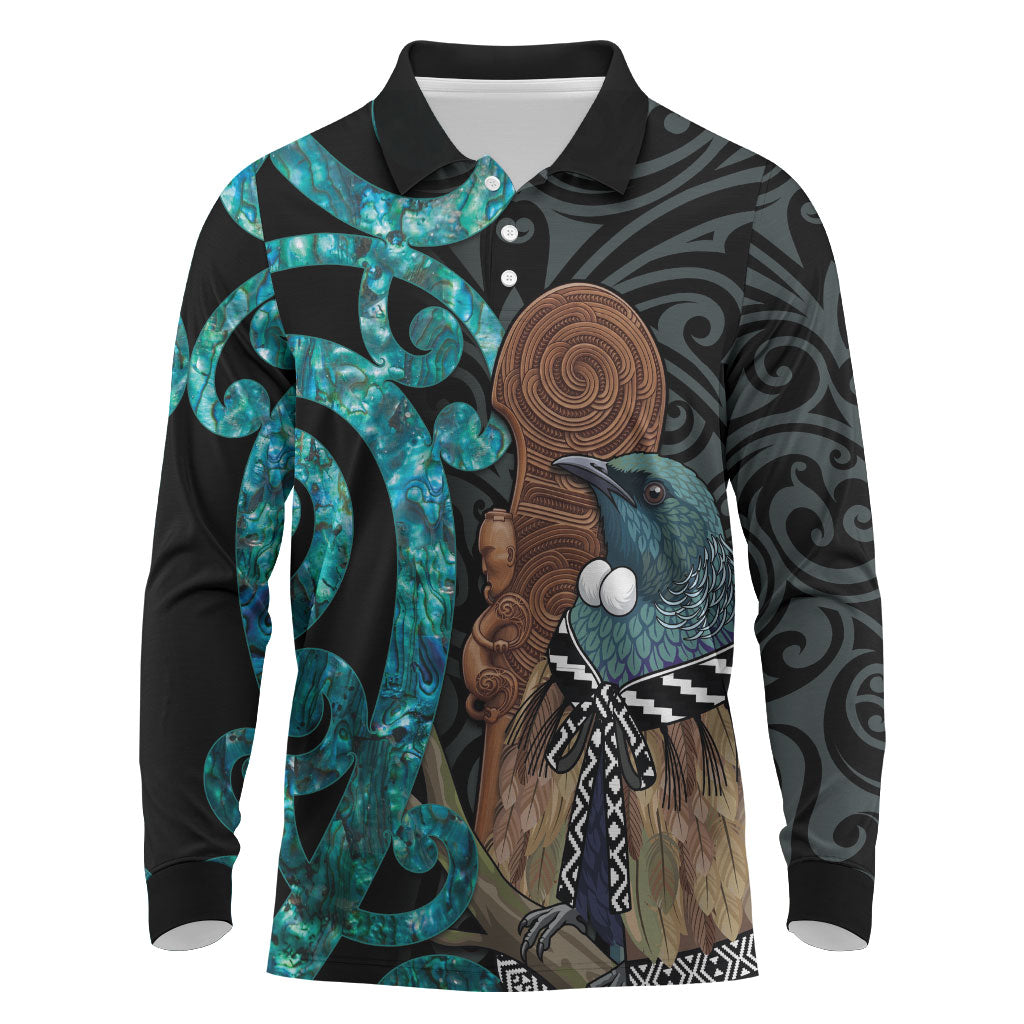 New Zealand Tui Bird Wahaika Long Sleeve Polo Shirt Maori Weapon Paua Shell Koru Pattern