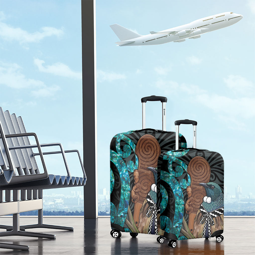 New Zealand Tui Bird Wahaika Luggage Cover Maori Weapon Paua Shell Koru Pattern