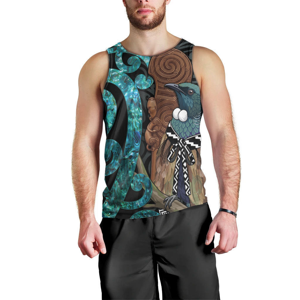 New Zealand Tui Bird Wahaika Men Tank Top Maori Weapon Paua Shell Koru Pattern