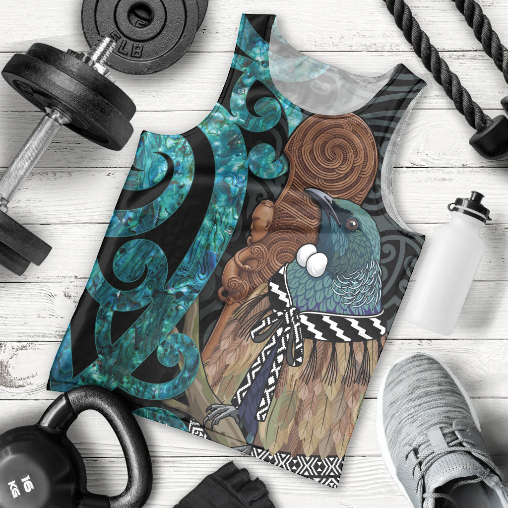 New Zealand Tui Bird Wahaika Men Tank Top Maori Weapon Paua Shell Koru Pattern