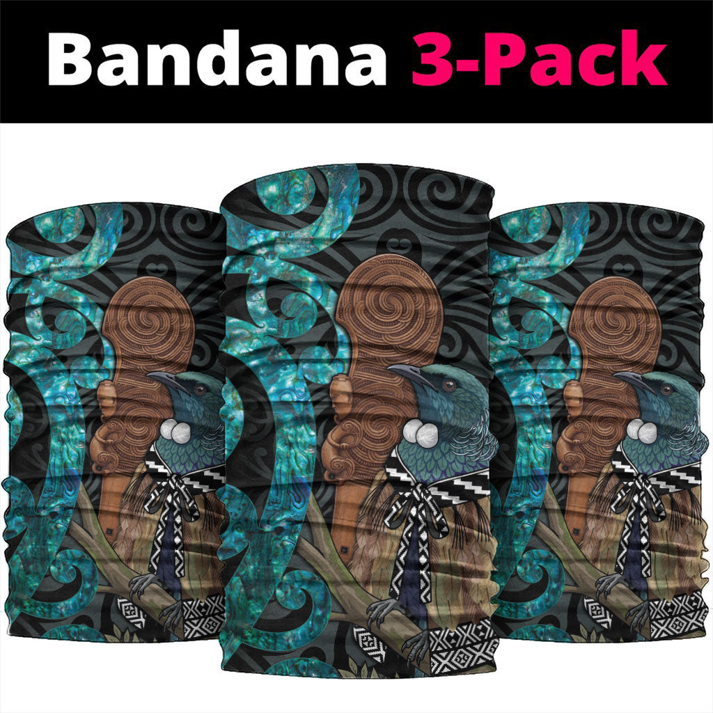 New Zealand Tui Bird Wahaika Neck Gaiter Maori Weapon Paua Shell Koru Pattern