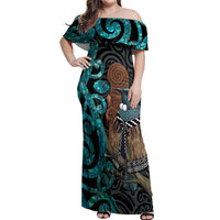 New Zealand Tui Bird Wahaika Off Shoulder Maxi Dress Maori Weapon Paua Shell Koru Pattern