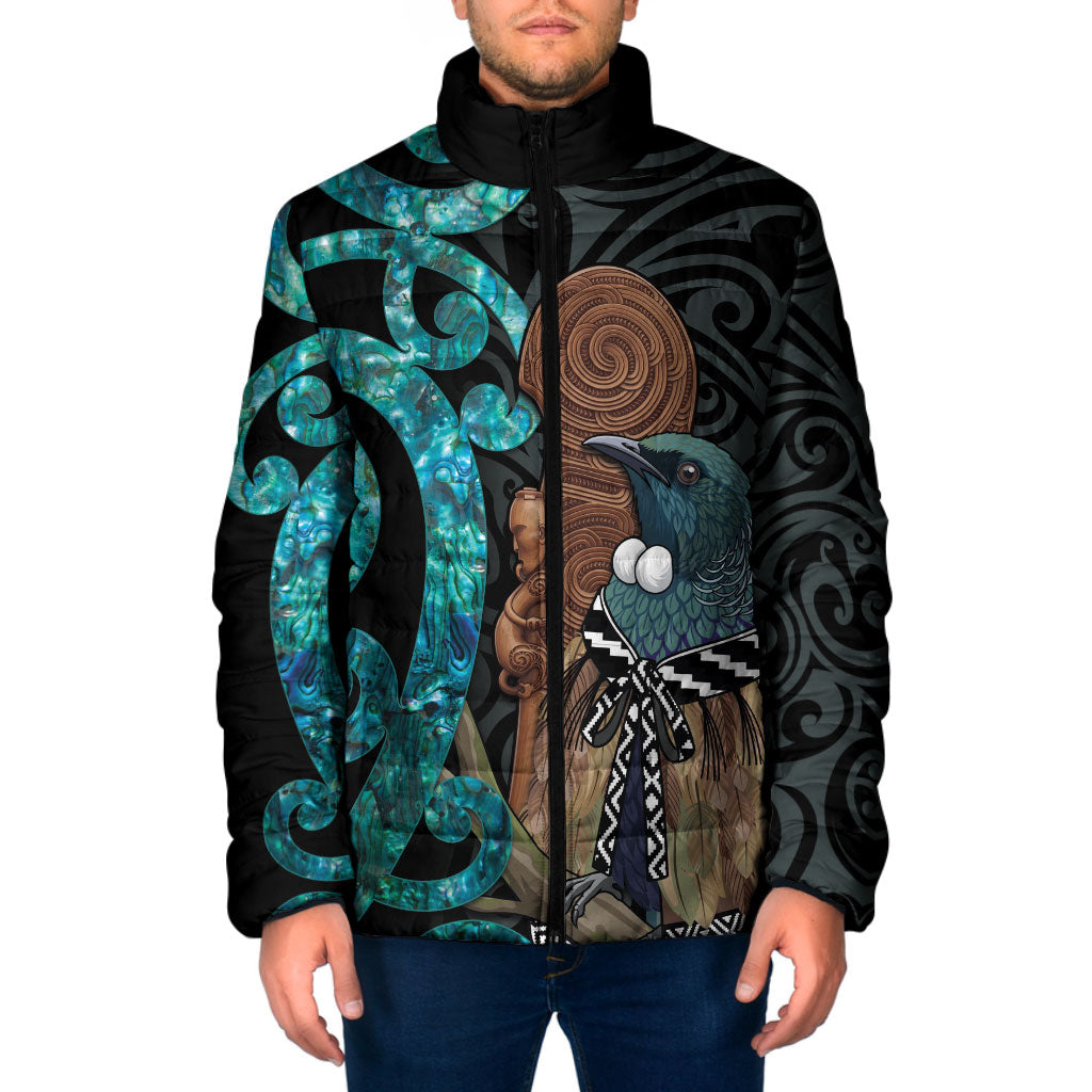 New Zealand Tui Bird Wahaika Padded Jacket Maori Weapon Paua Shell Koru Pattern LT22 Men Black - Polynesian Pride