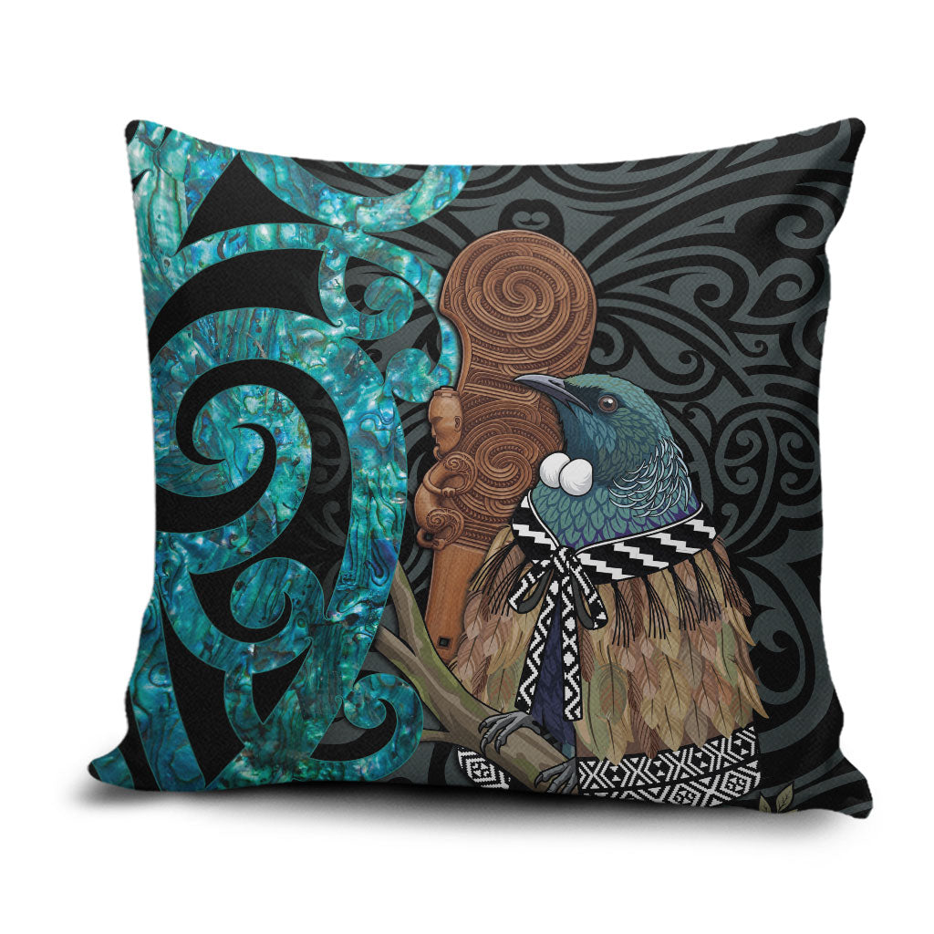 New Zealand Tui Bird Wahaika Pillow Cover Maori Weapon Paua Shell Koru Pattern