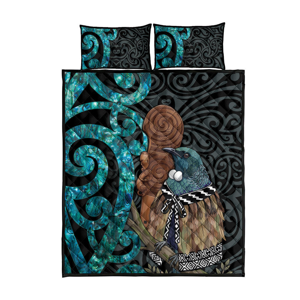 New Zealand Tui Bird Wahaika Quilt Bed Set Maori Weapon Paua Shell Koru Pattern