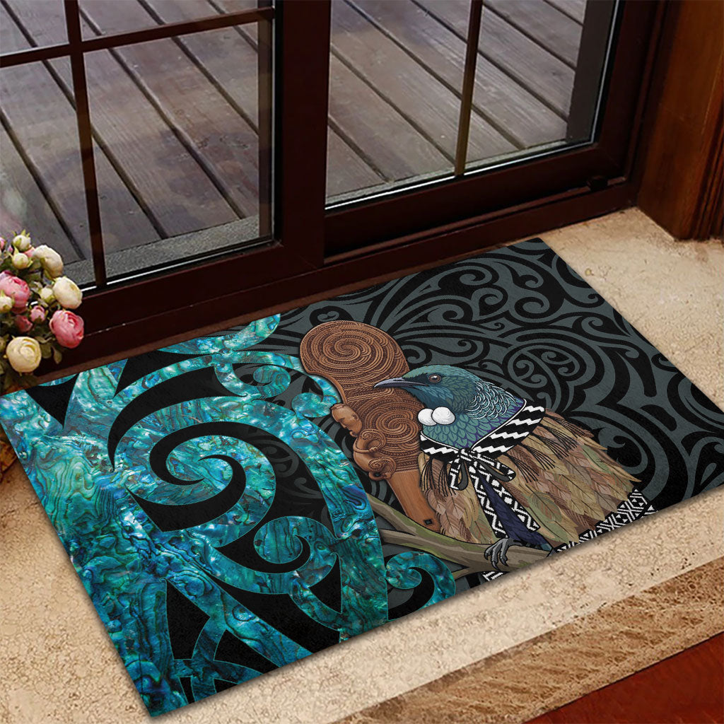 New Zealand Tui Bird Wahaika Rubber Doormat Maori Weapon Paua Shell Koru Pattern