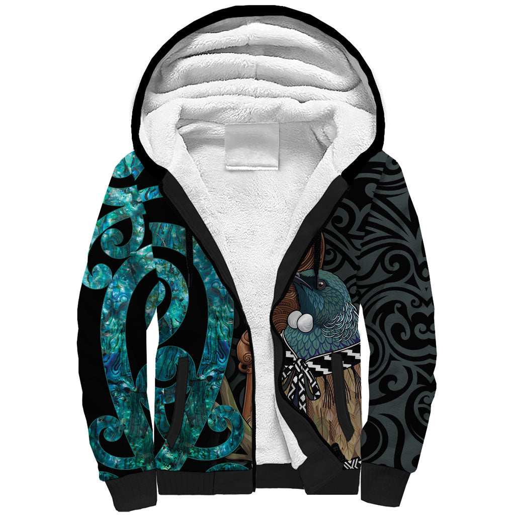 New Zealand Tui Bird Wahaika Sherpa Hoodie Maori Weapon Paua Shell Koru Pattern