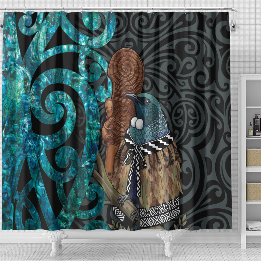 New Zealand Tui Bird Wahaika Shower Curtain Maori Weapon Paua Shell Koru Pattern